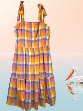 Free Assembly XXL Cotton Pastel Plaid Tiered Sundress Tie Straps Lined Pockets